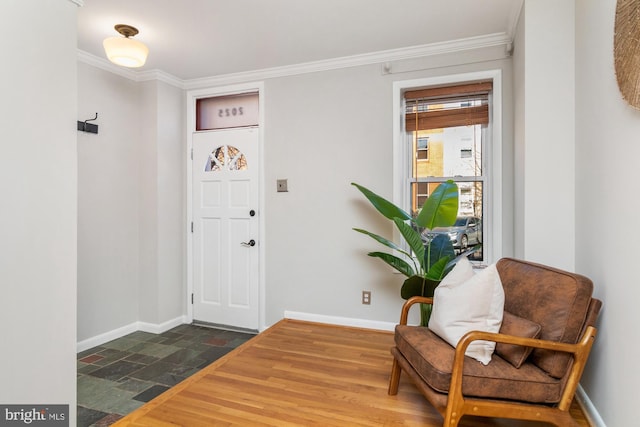 foyer entrance featuring ornamental molding, stone finish flooring, and baseboards