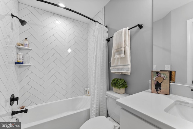 full bathroom featuring toilet, vanity, and shower / tub combo with curtain