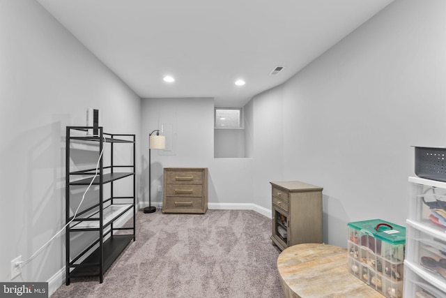 carpeted bedroom with visible vents, baseboards, and recessed lighting