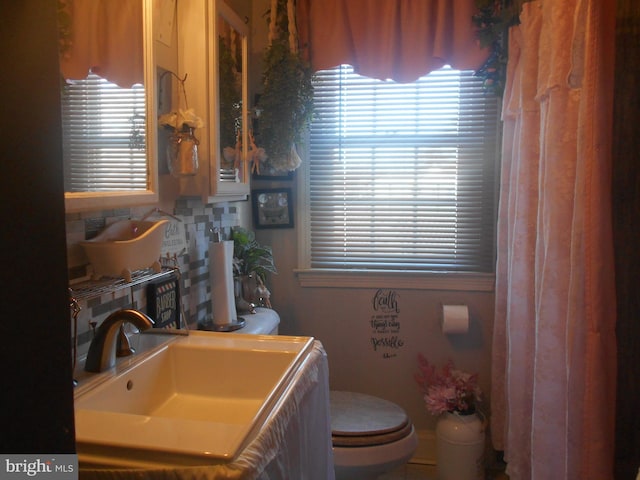 bathroom featuring decorative backsplash, sink, and a healthy amount of sunlight