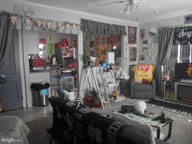 living room featuring ceiling fan and crown molding