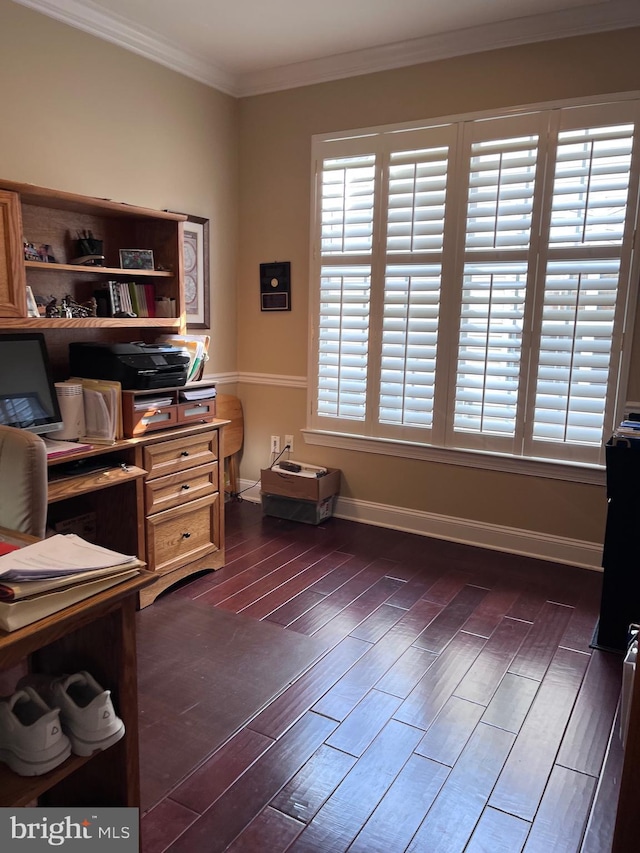 office space featuring baseboards, ornamental molding, and dark wood-style flooring