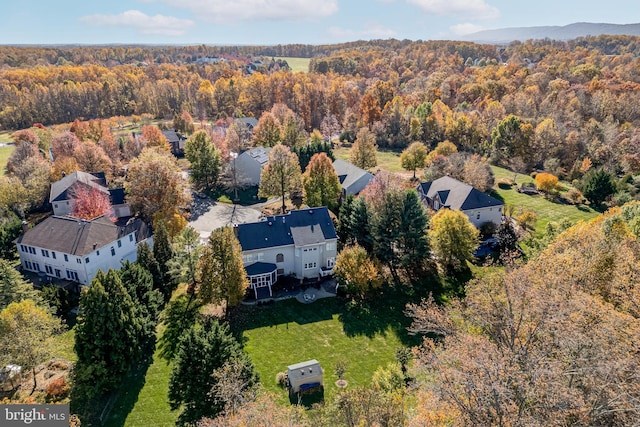 bird's eye view with a residential view and a wooded view