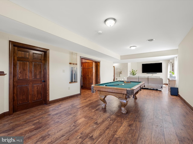 recreation room with billiards, baseboards, and wood finished floors