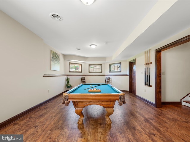 rec room featuring pool table, baseboards, visible vents, and wood finished floors