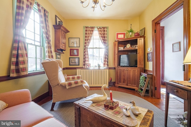 sitting room featuring radiator, a healthy amount of sunlight, a notable chandelier, and wood finished floors