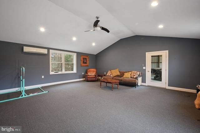 unfurnished room featuring a wall unit AC, lofted ceiling, carpet flooring, and ceiling fan