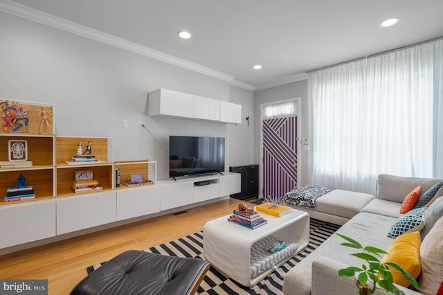 living room featuring ornamental molding and light hardwood / wood-style floors