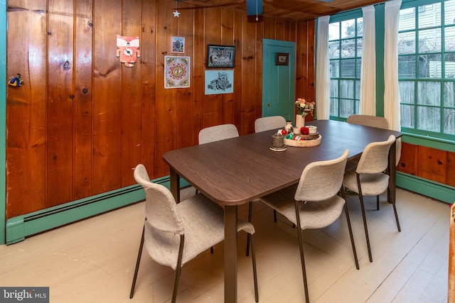 dining area featuring a baseboard radiator, wood finished floors, and wood walls