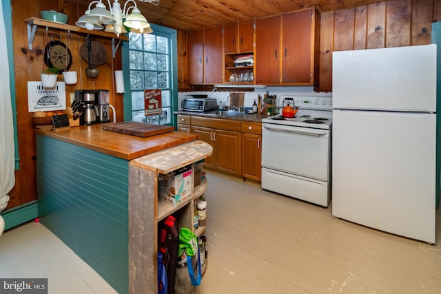 kitchen with open shelves, white appliances, wooden ceiling, and brown cabinetry