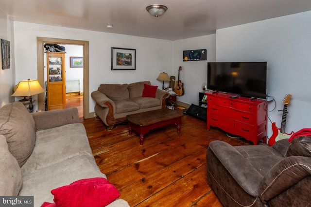 living room with hardwood / wood-style flooring and radiator heating unit