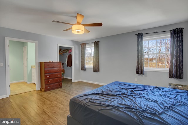 bedroom with light wood-type flooring, a spacious closet, ceiling fan, and a closet