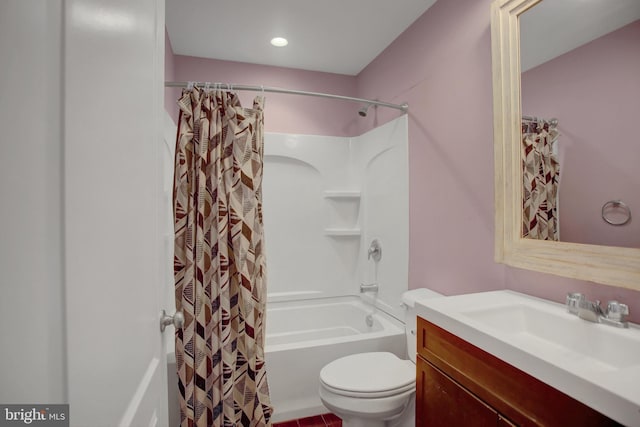 full bathroom with toilet, shower / bath combination with curtain, and vanity