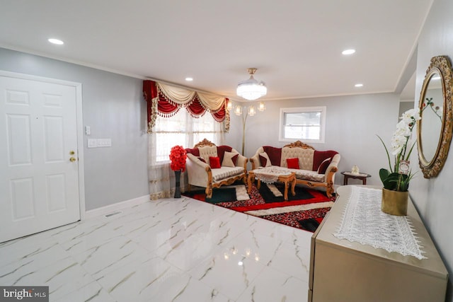 living room with marble finish floor, baseboards, ornamental molding, and recessed lighting