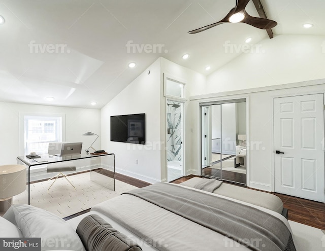 bedroom with ceiling fan, vaulted ceiling with beams, and hardwood / wood-style floors