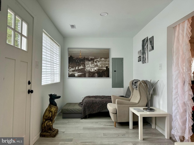 sitting room featuring light wood-type flooring and electric panel