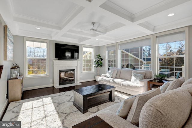 sunroom / solarium with beam ceiling, a fireplace, coffered ceiling, and a wealth of natural light