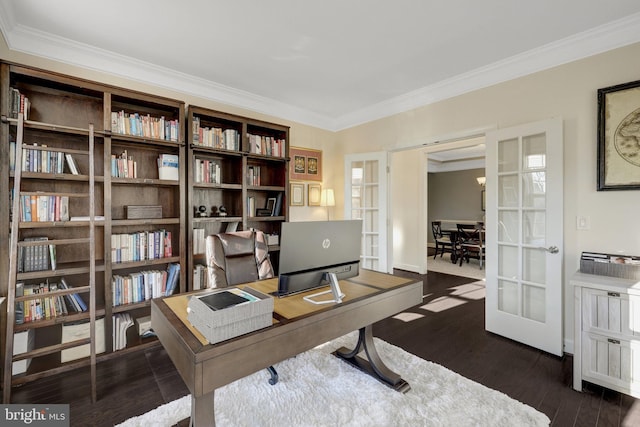 home office with ornamental molding, wood finished floors, and french doors