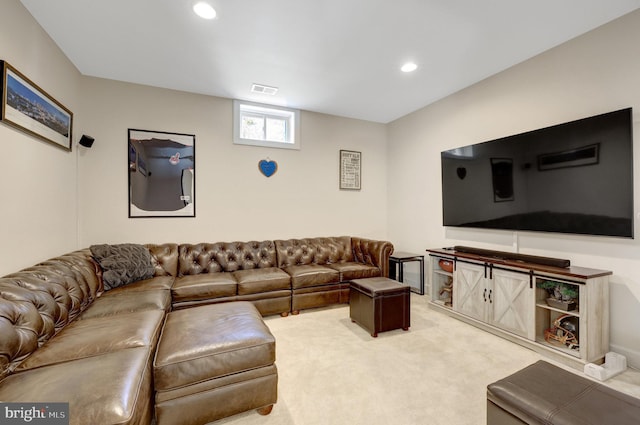 living room with visible vents, carpet flooring, and recessed lighting