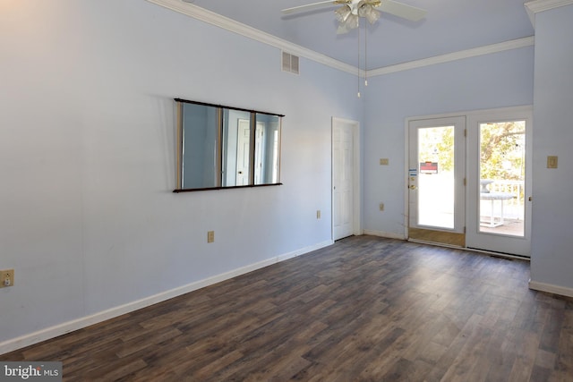 empty room with ceiling fan, crown molding, and dark hardwood / wood-style floors