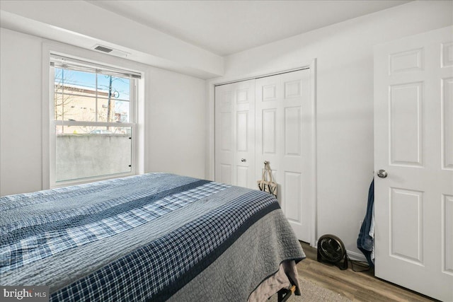 bedroom with a closet and wood-type flooring