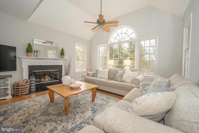 living area with a healthy amount of sunlight, a fireplace with flush hearth, and wood finished floors