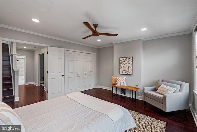 bedroom featuring baseboards, ornamental molding, wood finished floors, and recessed lighting