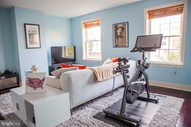 exercise area featuring baseboards, dark wood-style flooring, and a healthy amount of sunlight