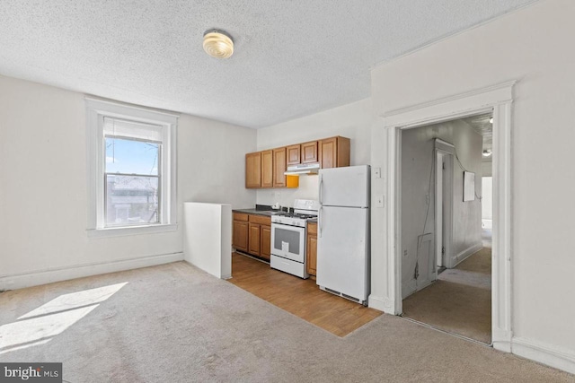 kitchen with light carpet, white appliances, under cabinet range hood, and brown cabinetry