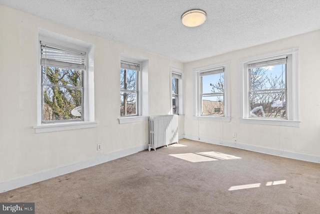 empty room featuring a wealth of natural light, radiator, light colored carpet, and a textured ceiling