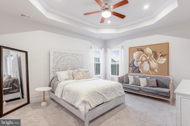 1603 Trotter St, Frederick, MD 21702 - carpeted bedroom featuring a tray ceiling, crown molding, recessed lighting, and ceiling fan