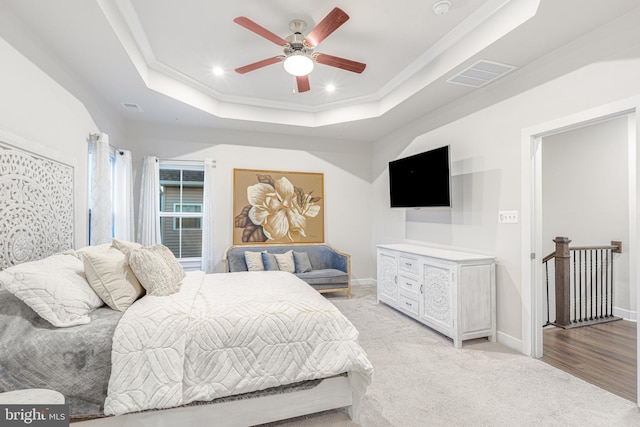 1603 Trotter St, Frederick, MD 21702 - bedroom featuring a raised ceiling, crown molding, recessed lighting, ceiling fan, and light carpet