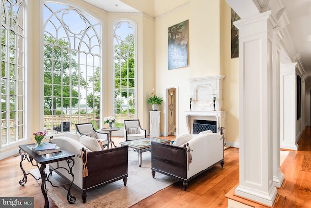 938 Old County Rd, Severna Park, MD 21146 - interior space with a high ceiling, a fireplace, decorative columns, wood finished floors, and ornamental molding