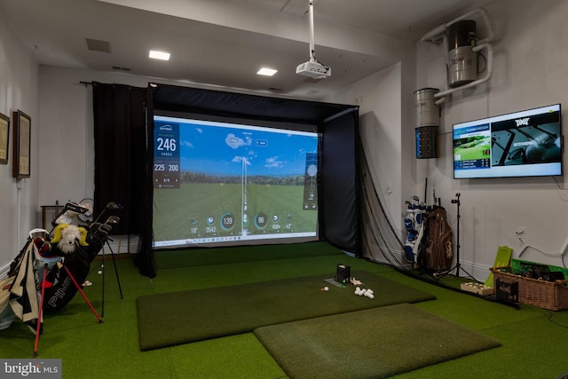 938 Old County Rd, Severna Park, MD 21146 - rec room featuring carpet floors, golf simulator, and visible vents