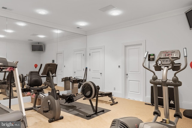 938 Old County Rd, Severna Park, MD 21146 - workout area featuring baseboards, ornamental molding, carpet, and visible vents