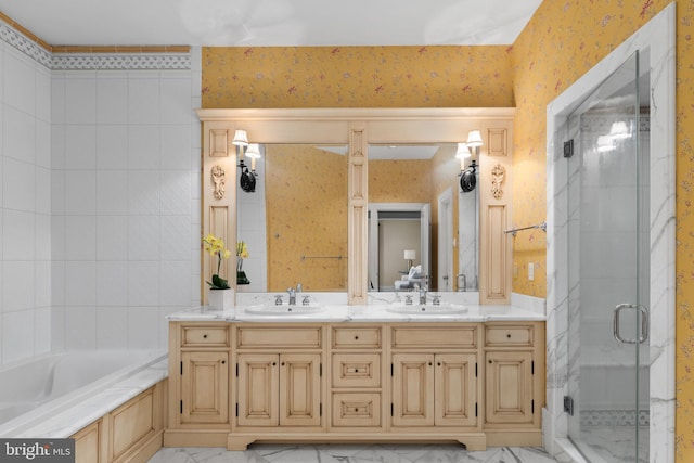938 Old County Rd, Severna Park, MD 21146 - bathroom with wallpapered walls, a sink, and a shower stall