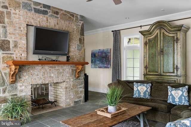 938 Old County Rd, Severna Park, MD 21146 - living room with crown molding, baseboards, ceiling fan, and a large fireplace