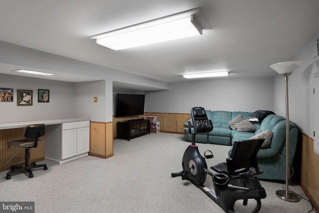 workout area with light colored carpet, wainscoting, wooden walls, and built in study area