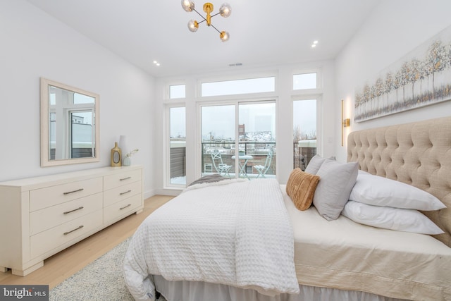 bedroom featuring light wood-style flooring, recessed lighting, visible vents, access to outside, and an inviting chandelier