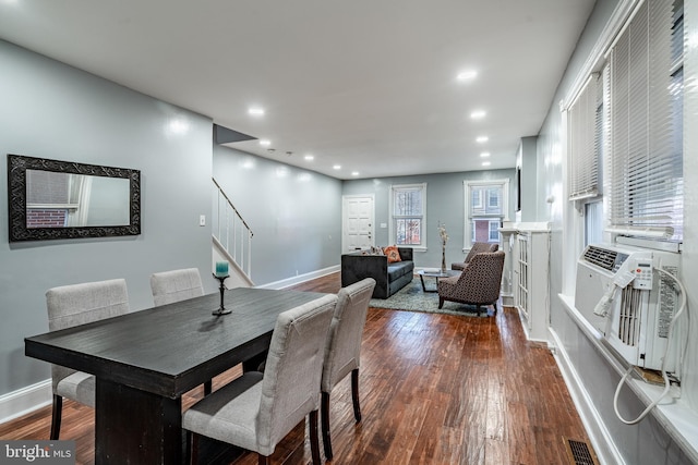 dining room with recessed lighting, visible vents, baseboards, stairs, and dark wood finished floors