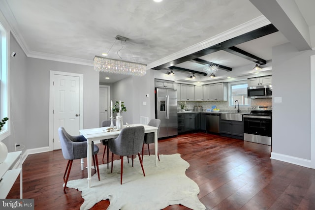 dining space featuring dark hardwood / wood-style flooring, sink, beam ceiling, and ornamental molding