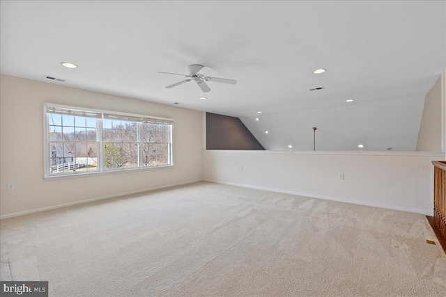 interior space with visible vents, baseboards, carpet, recessed lighting, and a ceiling fan