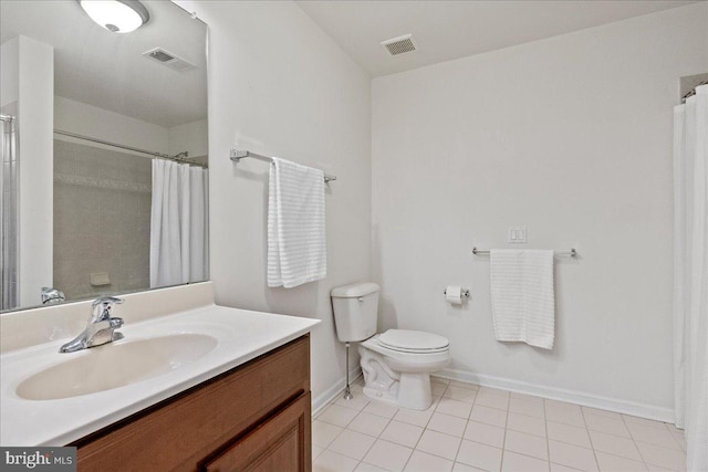 full bathroom featuring tile patterned flooring, visible vents, toilet, and vanity