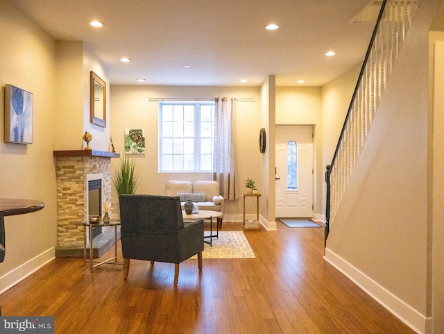 interior space featuring a fireplace and hardwood / wood-style floors