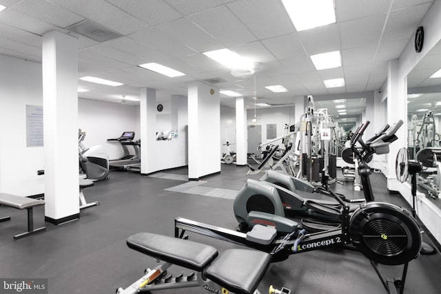 workout area featuring a paneled ceiling