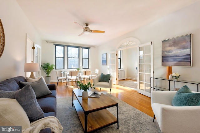 living area featuring ceiling fan, radiator, wood finished floors, and baseboards