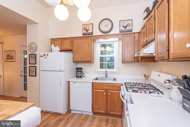 kitchen featuring white appliances, light wood-type flooring, and sink