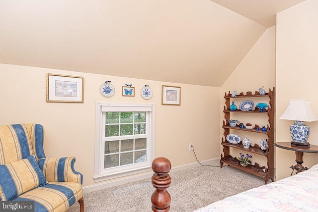 carpeted bedroom featuring vaulted ceiling