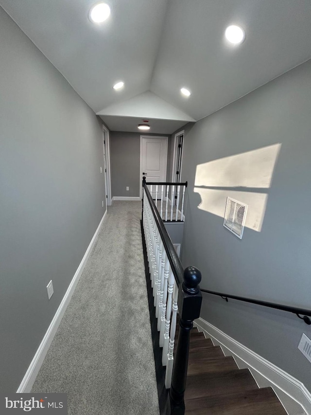 corridor featuring carpet and lofted ceiling