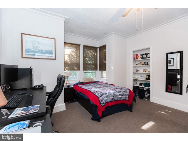 bedroom with a textured ceiling, crown molding, carpet flooring, and ceiling fan